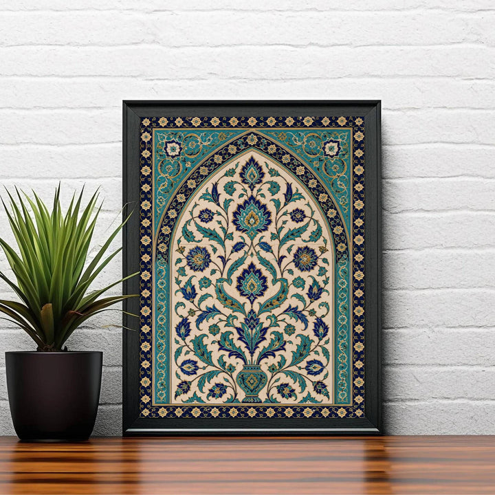 Elegant Turkish art poster showing imperial Ottoman tile architecture framed by intricate lotus and palmette scrollwork borders. Created by MapYourDreams, this artwork is available in flexible options including unframed paper, custom wooden frames, and gallery canvas wraps for bedroom wall art.
