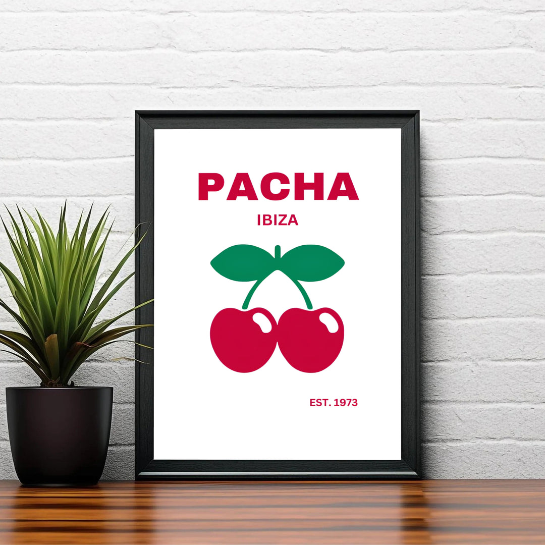 Balearic clubbing symbol artwork displaying bright red cherries against crisp white background for Pacha in Ibiza, Spain, offered by MapYourDreams with catalog selections including an unframed art print, a stretched gallery canvas, or a custom framed layout for home bars.