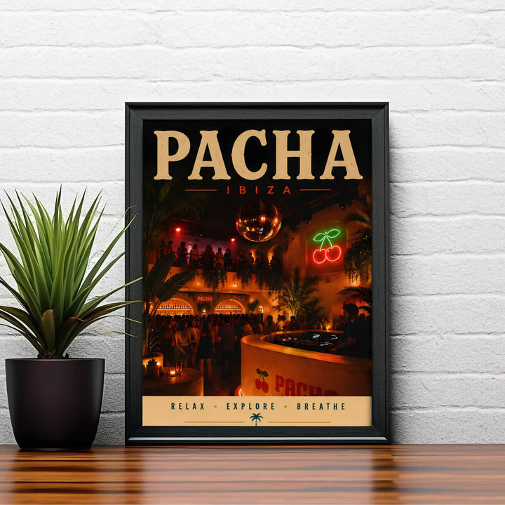 Iconic clubbing visual art print featuring warm red hues and retro typography banner for Pacha in Ibiza, Spain, offered by MapYourDreams with catalog selections including an unframed art print, a stretched gallery canvas, or a custom framed layout for home cocktail bars.