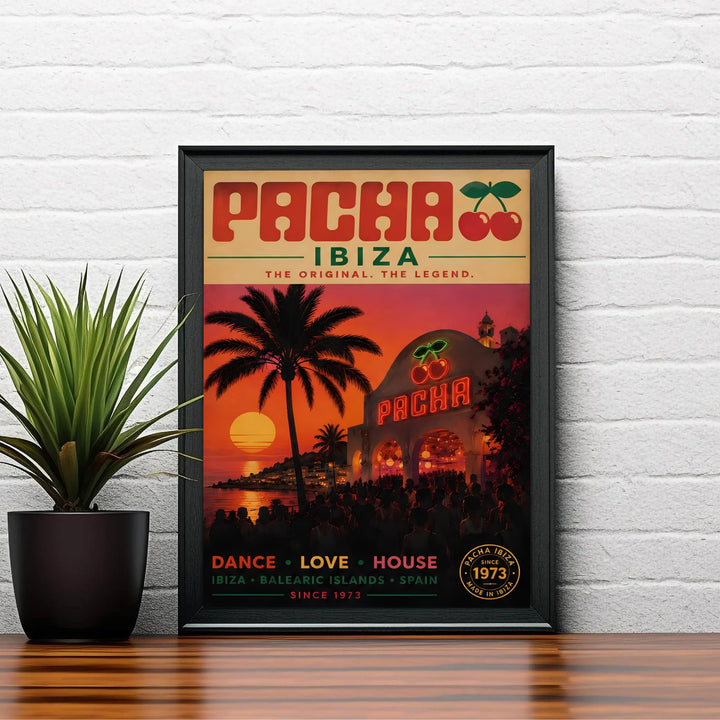 Vibrant Balearic dance music poster showcasing Pacha Ibiza since 1973 venue with neon lights, tropical palms, and sunset sea views, offered by MapYourDreams as an unframed art print, gallery wrapped canvas, or custom framed wall decor for music room display.