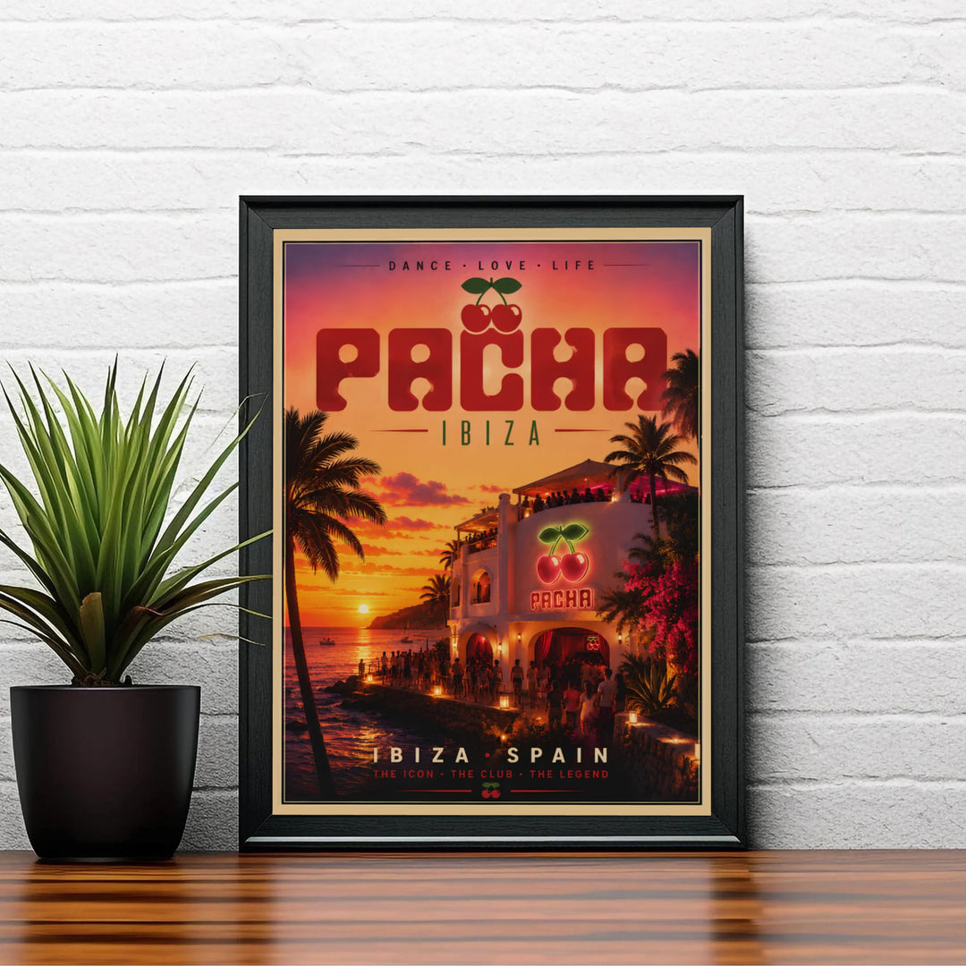 Vintage Pacha Ibiza exterior travel print displaying retro red bubble lettering, glowing cherry logos, and palm trees in Spain, created by MapYourDreams with options for unframed poster prints, stretched canvas wall art, or custom frames in retro black and retro white.