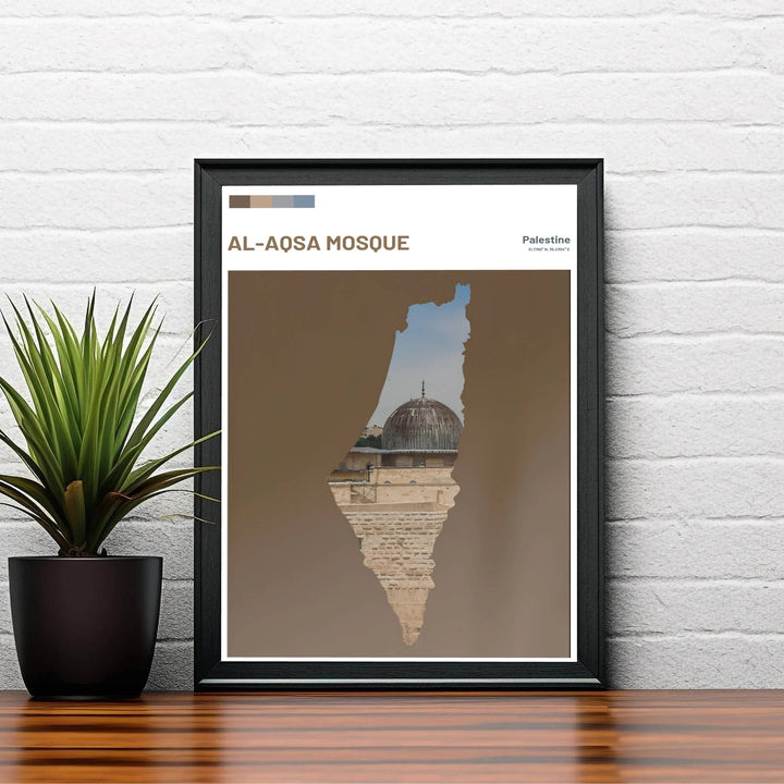 Elegant Palestine poster featuring the historic lead dome of Al Aqsa Mosque seen through a geographic Palestine map silhouette cutout. Created by MapYourDreams, this artwork is available in flexible options including unframed paper, custom wooden frames, and gallery canvas wraps for bedroom wall art.