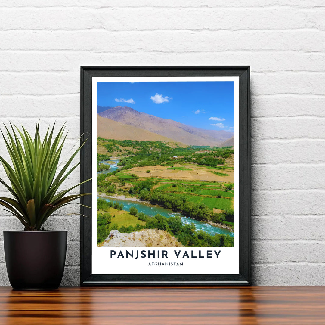 Panoramic photographic wall decor print featuring the winding water currents of the Panjshir River set against Hindu Kush mountain ranges in Afghanistan. Created by MapYourDreams with choices including unframed prints, canvas wall art, or custom framed posters in white, bronze, and silver frame selections.