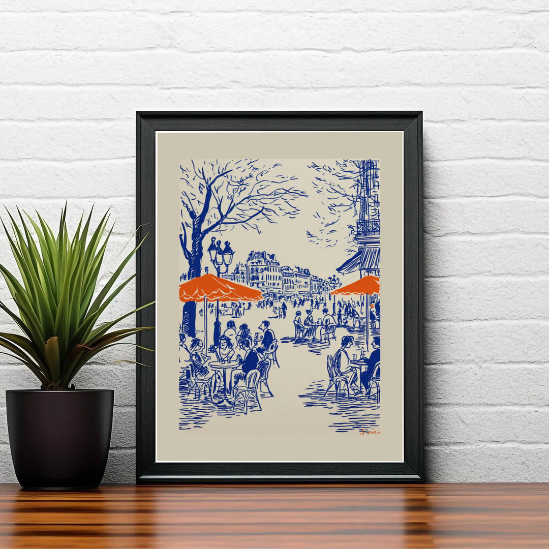 Modern line drawing art poster of a Parisian sidewalk cafe terrace set in Paris France. MapYourDreams delivers archival framed, unframed paper, and gallery canvas prints for home spaces.