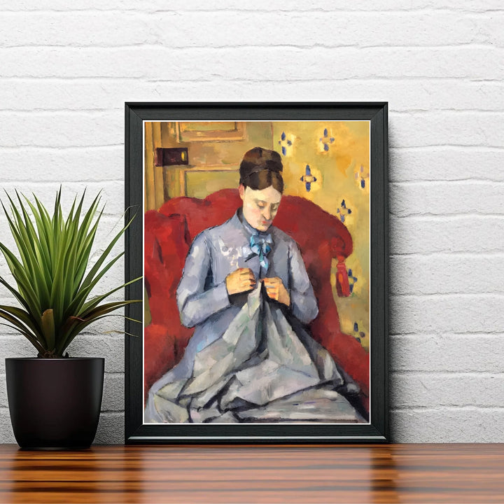 French Post-Impressionism fine art poster of Paul Cezanne Madame Cezanne Sewing 1877 illustrating vibrant wallpaper patterns in Paris France. MapYourDreams delivers archival framed wall art, unframed paper prints, and gallery canvas wall decor designed to enhance study rooms.