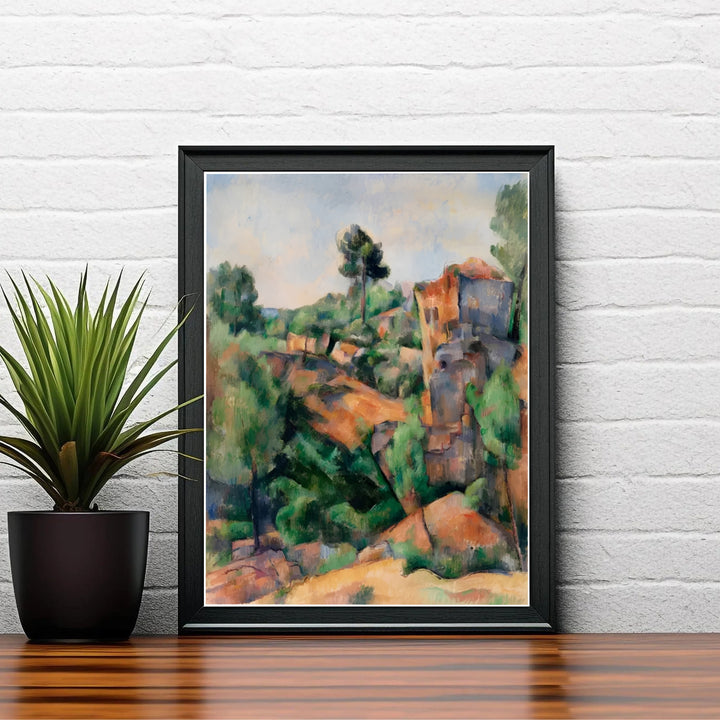 French Post-Impressionism fine art poster of Paul Cezanne Bibemus Quarry 1895 illustrating pine trees on rock edges in Aix-en-Provence France. MapYourDreams delivers archival framed wall art, unframed paper prints, and gallery canvas wall decor designed to enhance study rooms.