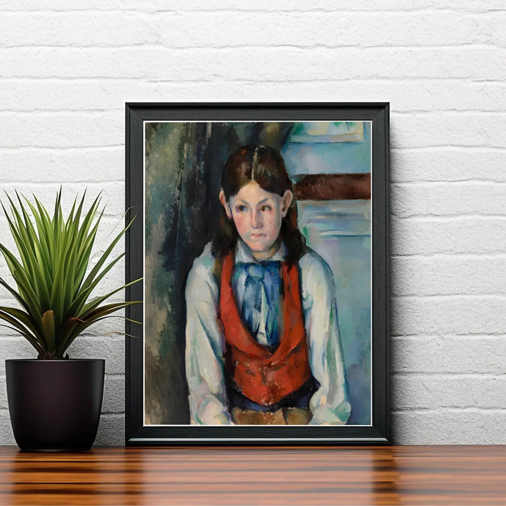 French Post-Impressionism fine art poster of Paul Cezanne Boy In A Red Vest 1888 illustrating a blue ascot tie in Paris France. MapYourDreams delivers archival framed wall art, unframed paper prints, and gallery canvas wall decor designed to enhance study rooms.