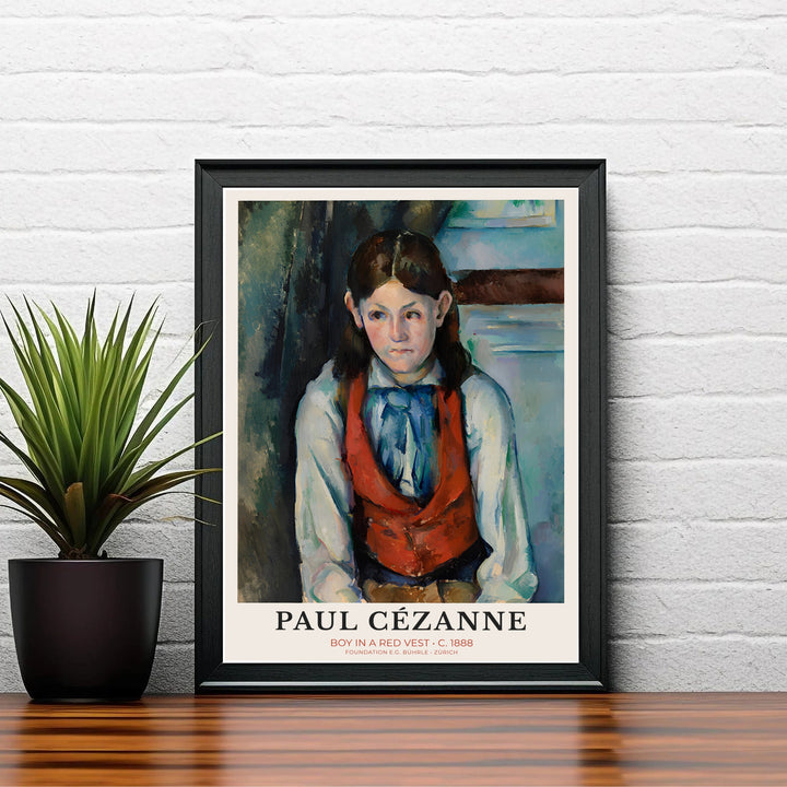 Dramatic exhibition portrait print of Paul Cezanne Boy In Red Vest 1888 painted in Paris France with bold red and blue hues. Shop high-definition framed prints, unframed paper posters, and stretched canvas options directly at MapYourDreams for timeless arrangements.