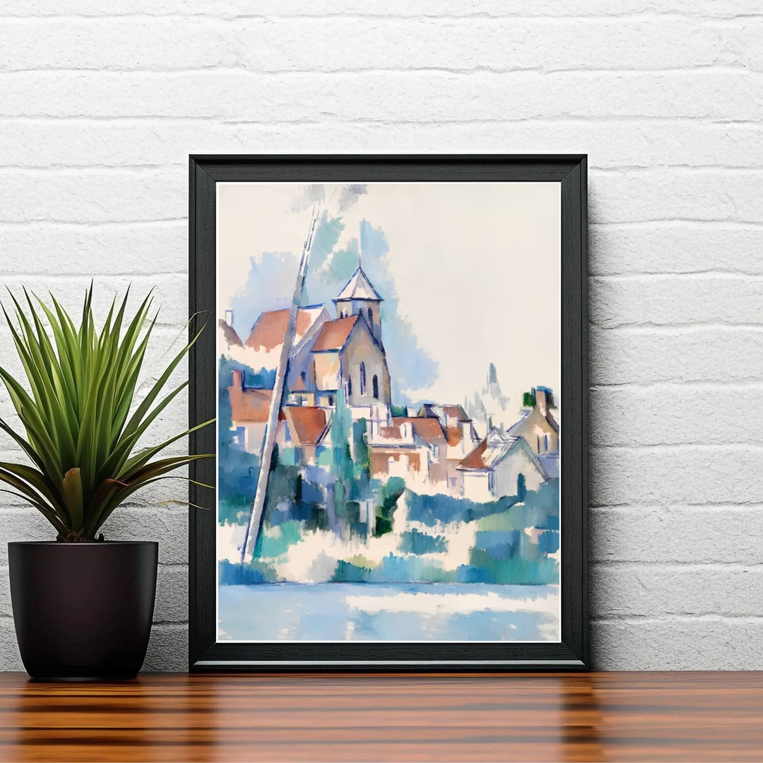 Airy nature landscape print of Paul Cezanne Church At Montigny Sur Loing 1898 painted in France with delicate blue and terracotta shades. Shop high-definition framed prints, unframed paper posters, and stretched canvas options directly at MapYourDreams for timeless arrangements.