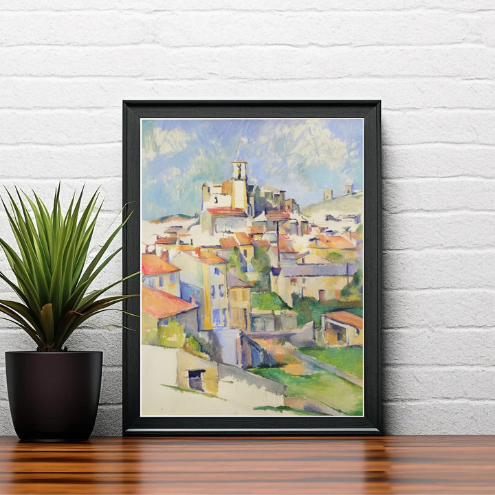 Luminous town landscape print of Paul Cezanne Gardanne 1885 painted in Gardanne France with bold red tile and azure sky tones. Shop high-definition framed prints, unframed paper posters, and stretched canvas options directly at MapYourDreams for timeless arrangements.