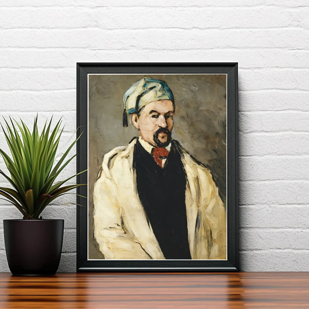 Graphic oil portrait print of Paul Cezanne The Artists Uncle Dominique 1866 created in Aix-en-Provence France with dark clothing contrast. Shop high-definition framed prints, unframed paper posters, and stretched canvas options directly at MapYourDreams for timeless arrangements.