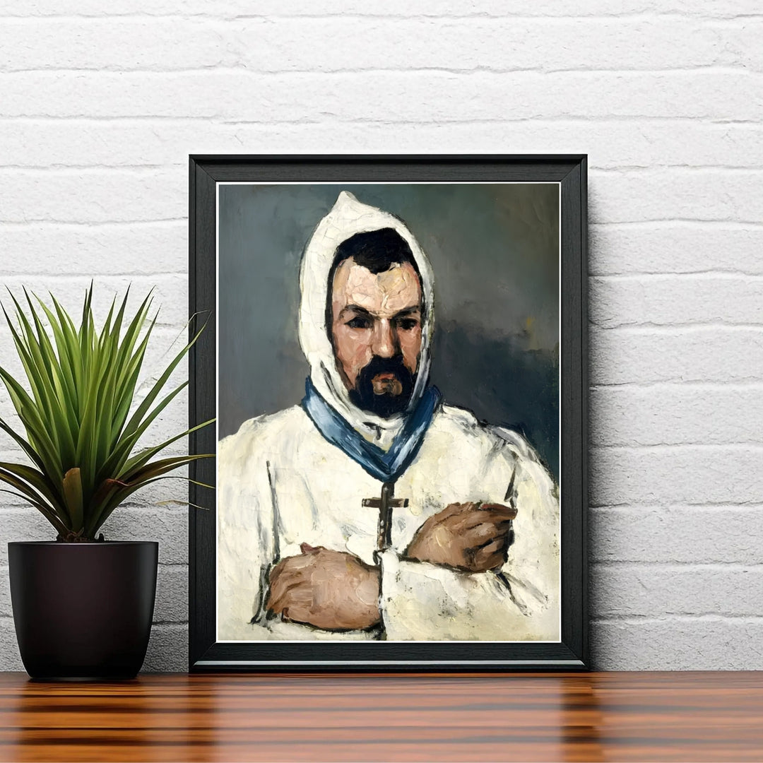 Vintage French portrait art print of Paul Cezanne Uncle Dominique As A Monk 1866 capturing a monk robe in Aix-en-Provence France. Discover custom framed prints, unframed poster options, and stretched canvas wall decor at MapYourDreams for your residential hallway interior display.