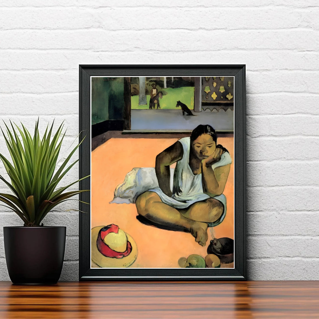 French Synthetism fine art poster of Paul Gauguin Brooding Woman Te Faaturuma 1891 illustrating island interior life in Tahiti French Polynesia. MapYourDreams delivers archival framed wall art, unframed paper prints, and gallery canvas wall decor designed to enhance study rooms.