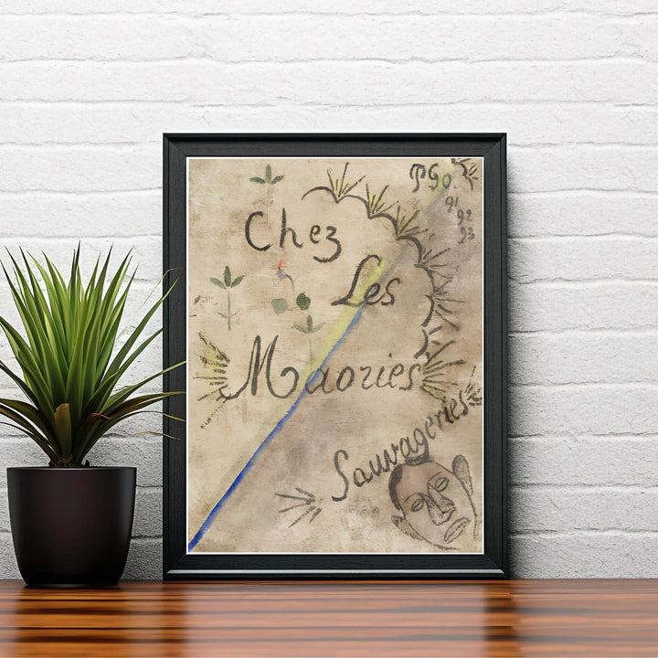Graphic Post-Impressionist print of Paul Gauguin Chez Les Maories 1893 created in Tahiti, French Polynesia with blue line accents on parchment paper. Shop high-definition framed prints, unframed paper posters, and stretched canvas options directly at MapYourDreams for classic arrangements.