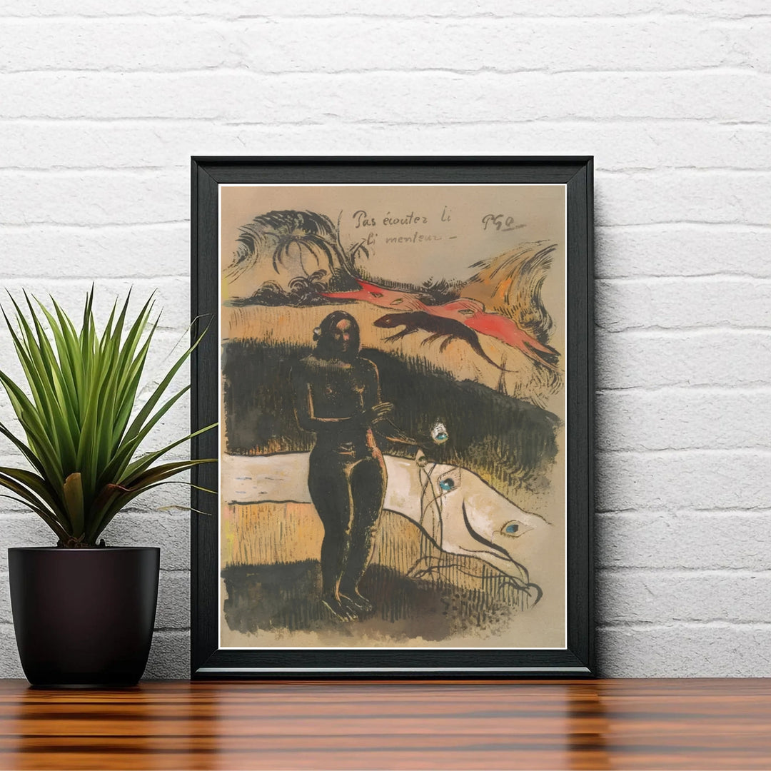 Historical Noa Noa suite poster of Paul Gauguin Delightful Land Nave Nave Fenua 1894 illustrating native mythology in Tahiti, French Polynesia. MapYourDreams delivers archival framed wall art, unframed paper prints, and gallery canvas wall decor designed to enhance creative studio spaces.