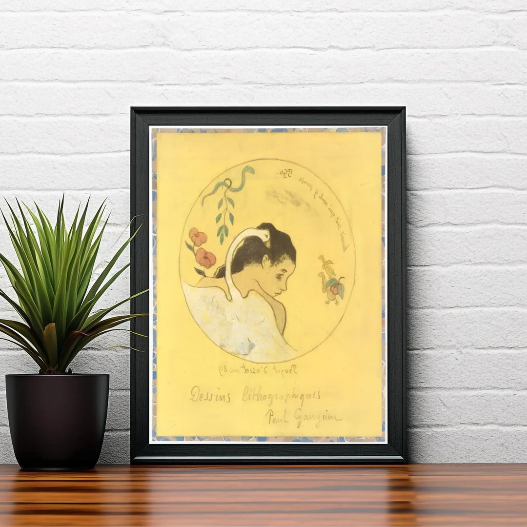 Graphic Symbolist print of Paul Gauguin Design For A Plate 1889 created in Brittany, France with a slithering snake and swan fronds. Shop high-definition framed prints, unframed paper posters, and stretched canvas options directly at MapYourDreams for classic arrangements.