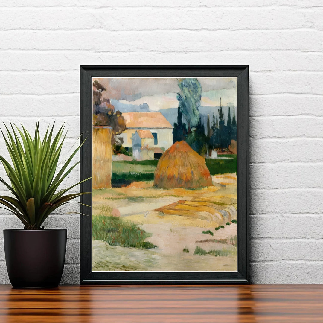 Historical landscape painting poster of Paul Gauguin Landscape Near Arles 1888 illustrating 1888 post-impressionist brushwork in Arles, Provence, France. MapYourDreams delivers archival framed wall art, unframed paper prints, and gallery canvas wall decor designed to enhance entryways.