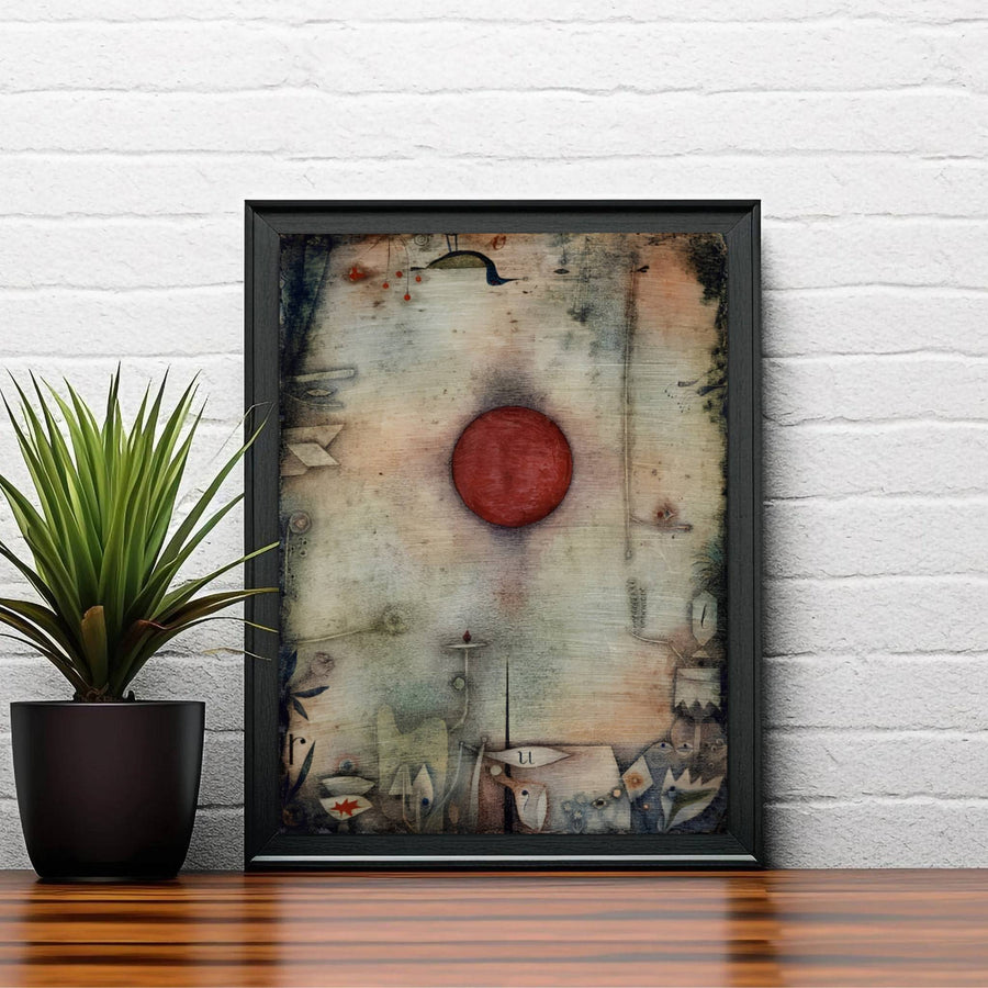The harmonious blend of earthy background tones and a glowing red sun evoking ancient ecosystems in Ad Marginem 1930 creates an arresting visual centerpiece for refined living spaces. MapYourDreams ensures this Paul Klee abstract wall art adapts seamlessly to your home by offering it in flexible formats, including unframed art prints, custom-colored frames, and gallery-wrapped canvas options.