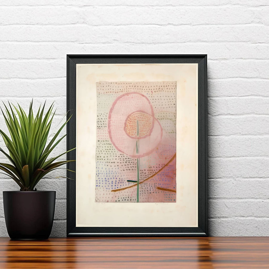 Radiating an unmistakable aura of intellectual elegance, this Paul Klee Blossoming (Blühend) 1934 wall decor relies on delicate stippling and soft pink hues to explore natural transformation. Offered by MapYourDreams, this artwork is available in flexible options including unframed paper, custom wooden frames, and gallery canvas wraps.