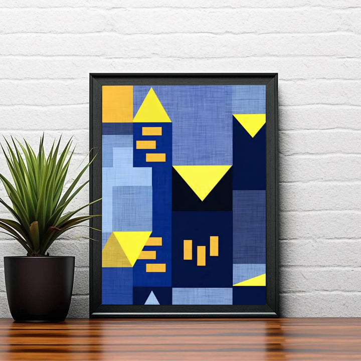 Radiating an unmistakable aura of intellectual elegance, this Bauhaus-inspired Paul Klee Blue Night (Blaue Nacht) wall decor relies on contrasting yellow triangles and deep blue fields to explore urban elevation. Offered by MapYourDreams, this artwork is available in flexible options including unframed paper, custom wooden frames, and gallery canvas wraps.