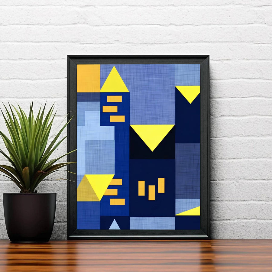 Radiating an unmistakable aura of intellectual elegance, this Bauhaus-inspired Paul Klee Blue Night (Blaue Nacht) wall decor relies on contrasting yellow triangles and deep blue fields to explore urban elevation. Offered by MapYourDreams, this artwork is available in flexible options including unframed paper, custom wooden frames, and gallery canvas wraps.