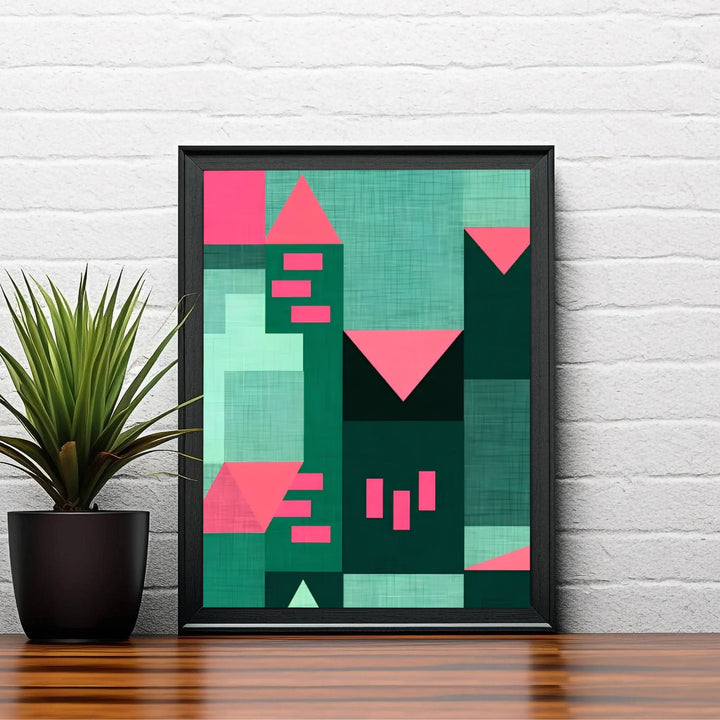 Radiating an unmistakable aura of intellectual elegance, this Bauhaus-inspired Paul Klee Emerald Architecture Art Print wall decor relies on contrasting pink triangles and deep green fields to explore urban elevation. Offered by MapYourDreams, this artwork is available in flexible options including unframed paper, custom wooden frames, and gallery canvas wraps.