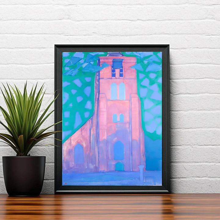 The harmonious blend of warm pink masonry and cool blue tones in this historic Piet Mondrian Church Tower At Domburg painting creates an arresting visual centerpiece for refined living spaces. MapYourDreams ensures this architectural wall art adapts seamlessly to your home by offering it in flexible formats, including unframed art prints, custom-colored frames, and gallery-wrapped canvas options.