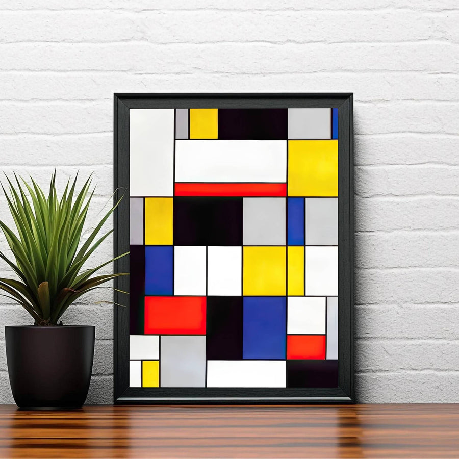 The harmonious blend of primary color accents and stark black grid lines in this historic Piet Mondrian Composition A painting creates an arresting visual centerpiece for refined living spaces. MapYourDreams ensures this geometric wall art adapts seamlessly to your home by offering it in flexible formats, including unframed art prints, custom-colored frames, and gallery-wrapped canvas options.