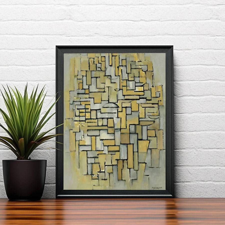 The harmonious blend of earthy brown tones and cool gray architectural accents in this historic 1913 Piet Mondrian painting creates an arresting visual centerpiece for refined living spaces. MapYourDreams ensures this abstract wall art adapts seamlessly to your home by offering it in flexible formats, including unframed art prints, custom-colored frames, and gallery-wrapped canvas options.