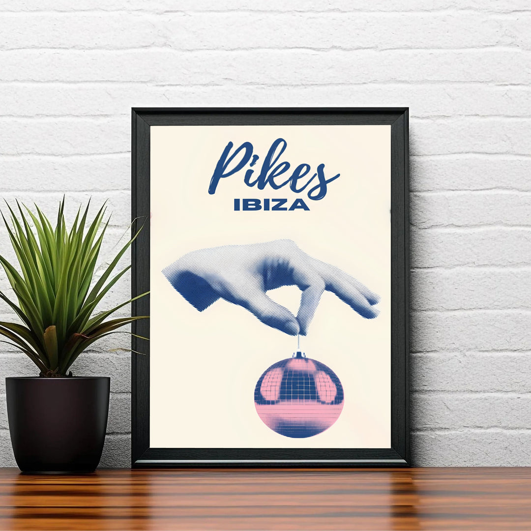 Retro music venue art print honoring Pikes Ibiza in Spain with blue halftone graphics and pink accents, offered by MapYourDreams as an unframed art print, stretched gallery canvas, or custom framed wall art decor for listening rooms and DJ booth background setups.