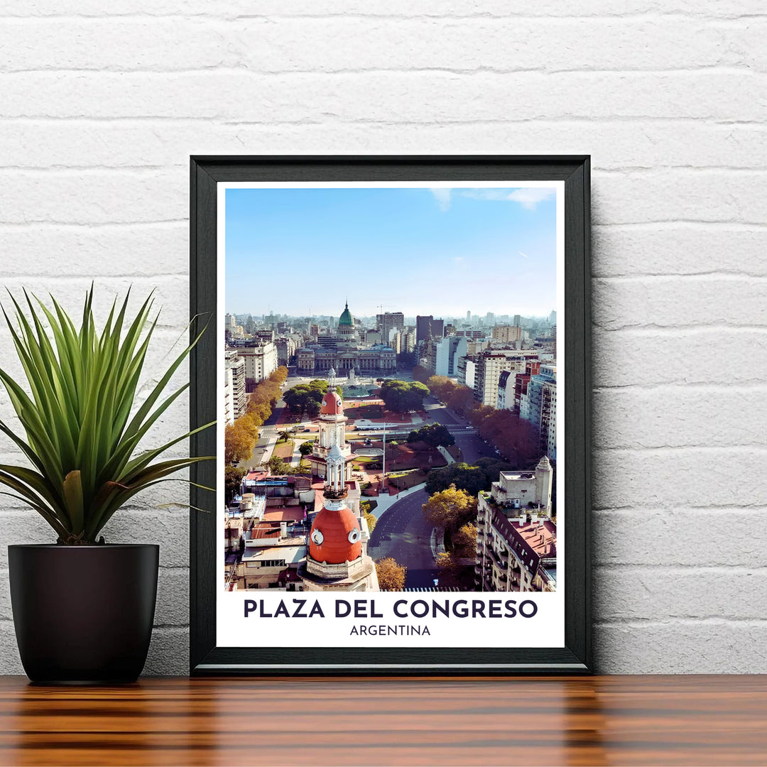 Highlighting the historic heart of Buenos Aires with stunning elevated perspective, this Plaza del Congreso print delivers a timeless travel photography aesthetic, available at MapYourDreams in versatile unframed paper, framed, and canvas display styles.