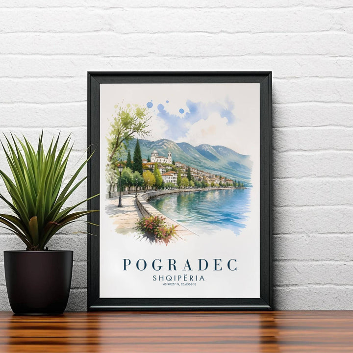 Warm morning sunlight bathes the stone walkway and flowering planters along the Pogradec lakefront in this impressionistic watercolor illustration. Order this print as an unframed paper print, a sleek wood frame, or a gallery-wrapped canvas wrap to match your interior color scheme.