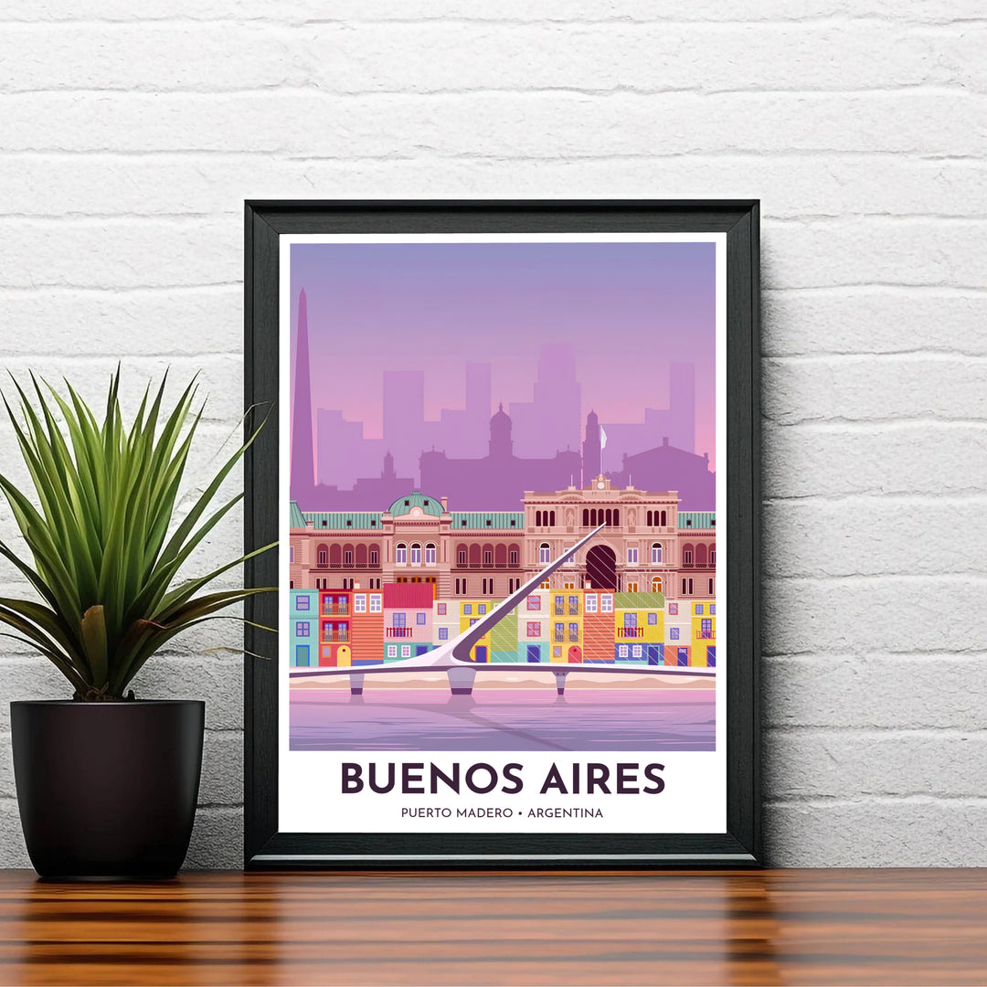 Bathed in dreamy twilight shades of purple, yellow, and mint green, this Puerto Madero wall decor delivers artistic color and warmth to indoor spaces, expertly produced by MapYourDreams in archival paper, custom wood frames, and gallery-wrapped canvas.