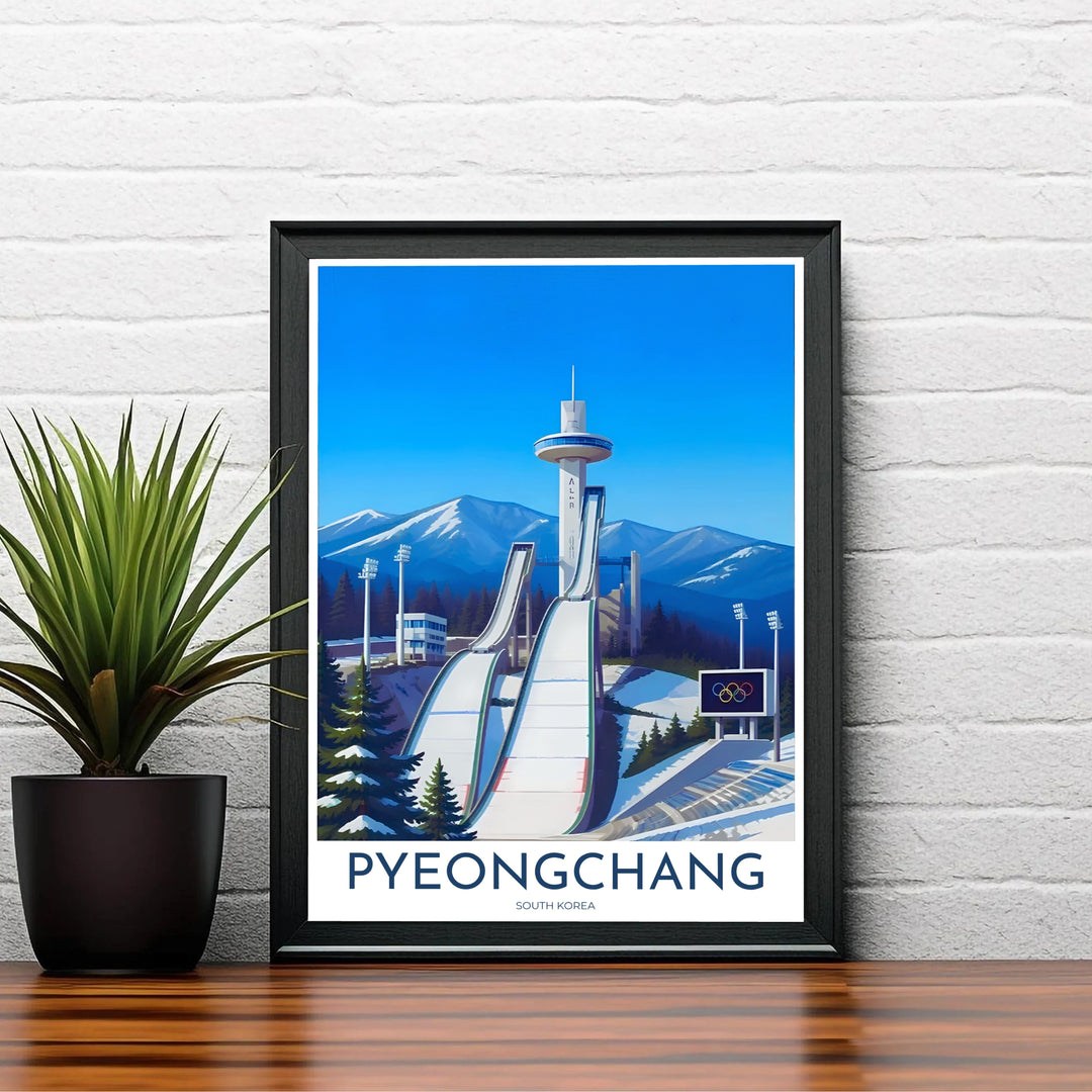 Modern alpine travel poster depicting Pyeongchang, South Korea, featuring the grand Alpensia Ski Jump tower towering over snow-covered pine woods and stadium grounds. Offered by MapYourDreams, this artwork is available in flexible options including unframed paper, custom wooden frames, and gallery canvas wraps.