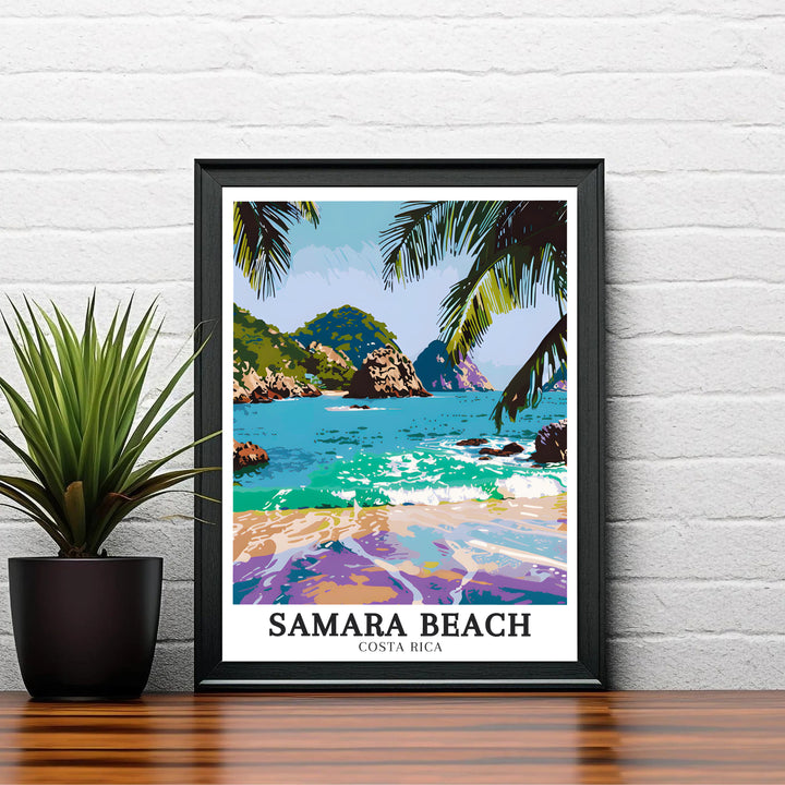Bright tropical palm fronds framing the ocean views of Isla Chora at Samara Beach define this print design. Choose tailored framed, unframed, and canvas poster formats at MapYourDreams.