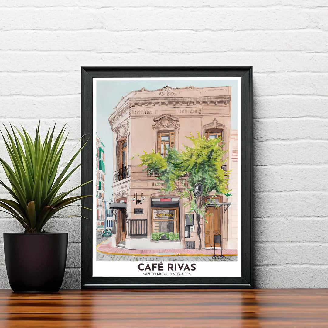 Bringing nostalgic European-inspired street charm onto your kitchen or dining room walls, this San Telmo Cafe Rivas poster pairs warm terracotta tones with fresh foliage, curated by MapYourDreams in unframed paper, timber frames, and canvas wraps.