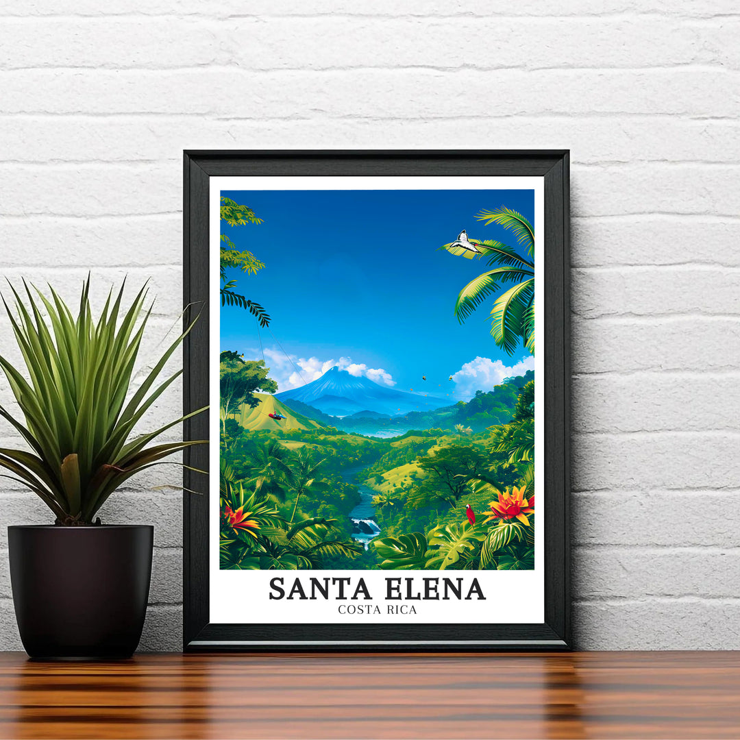 Rich green monstera fronds and tropical flowers framing Arenal Volcano in Santa Elena define this print design. Choose tailored framed, unframed, and canvas poster formats at MapYourDreams.