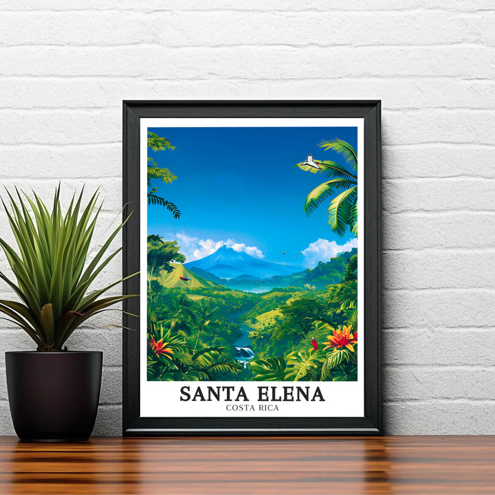 Rich green monstera fronds and tropical flowers framing Arenal Volcano in Santa Elena define this print design. Choose tailored framed, unframed, and canvas poster formats at MapYourDreams.