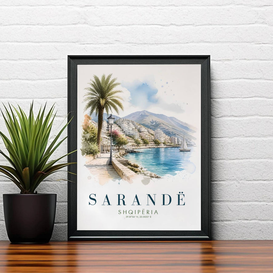 Warm coastal sunlight bathes the stone walkway and palm foliage along the Sarandë waterfront in this impressionistic Mediterranean watercolor illustration. Order this print as an unframed paper print, a sleek wood frame, or a gallery-wrapped canvas wrap to match your interior color scheme.