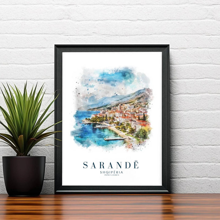 Warm coastal sunlight bathes the white facades and blue waters along the Sarandë coastline in this impressionistic Mediterranean watercolor illustration. Order this print as an unframed paper print, a sleek wood frame, or a gallery-wrapped canvas wrap to match your interior color scheme.