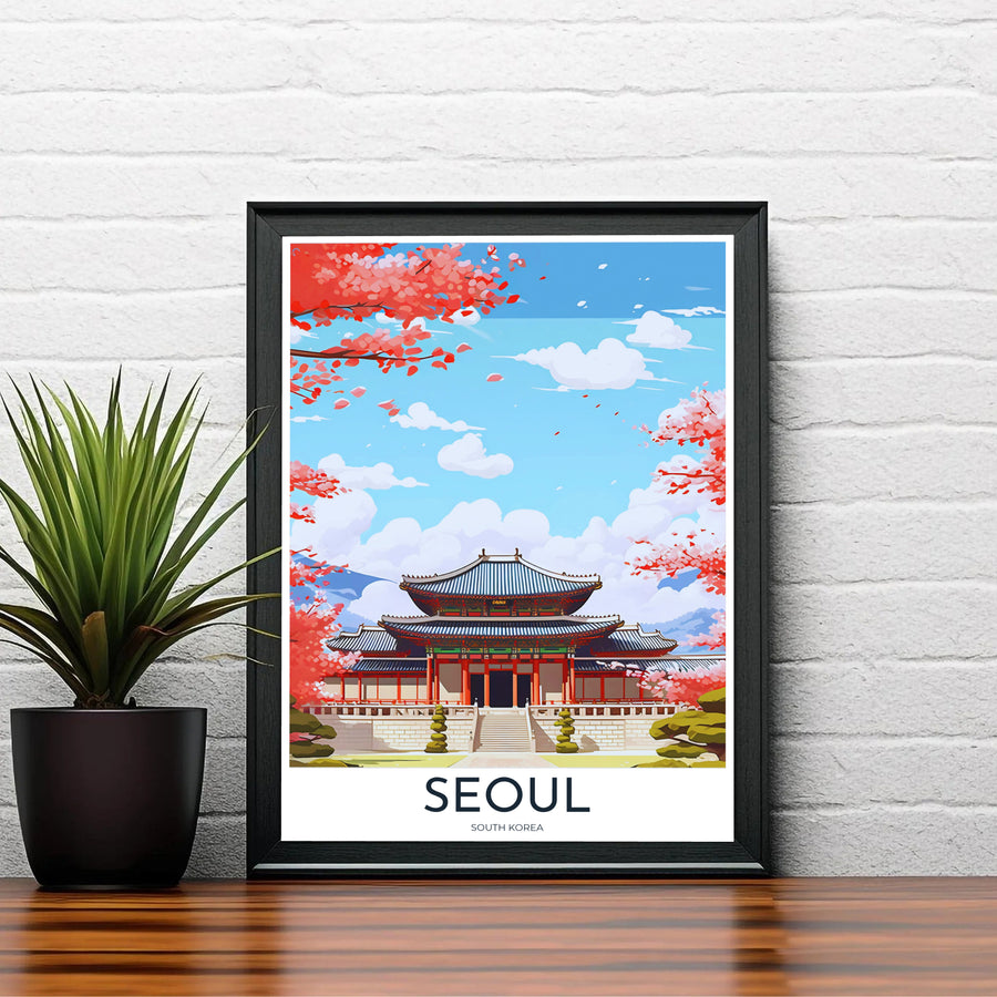 Charming Asian landscape poster depicting Gyeongbokgung Palace in Seoul, South Korea, surrounded by lush manicured pines, stone balustrades, and soft pink spring blooms. Offered by MapYourDreams, this artwork is available in flexible options including unframed paper, custom wooden frames, and gallery canvas wraps.