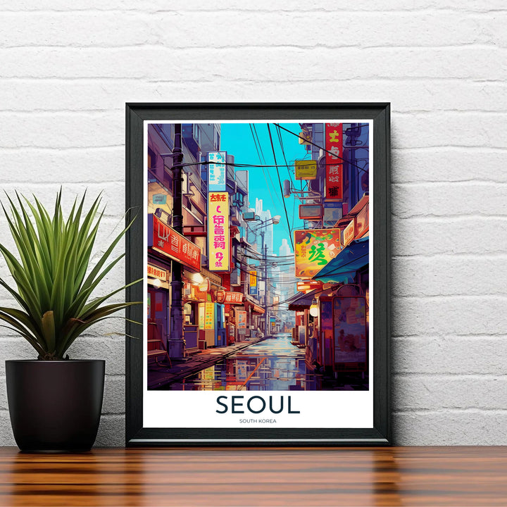 Moody cyberpunk aesthetic poster depicting a peaceful yet vibrant side street in Seoul, South Korea, surrounded by glowing red signboards, electrical cables, and warm streetlight reflections. Offered by MapYourDreams, this artwork is available in flexible options including unframed paper, custom wooden frames, and gallery canvas wraps.