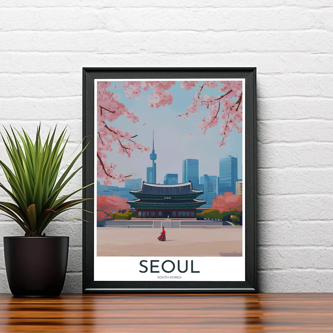 Aesthetic Korean landscape poster depicting a peaceful moment at Gyeongbokgung Palace in Seoul, South Korea, with traditional Hanbok attire and blooming cherry trees set against modern city glass facades. Offered by MapYourDreams, this artwork is available in flexible options including unframed paper, custom wooden frames, and gallery canvas wraps.