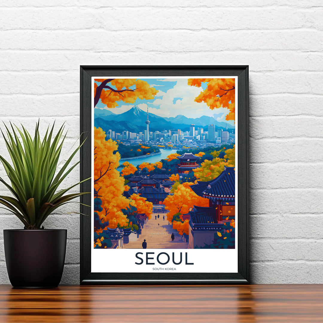 Aesthetic Korean fall landscape poster illustrating historic traditional architecture in Seoul, South Korea, surrounded by golden ginkgo trees and looking out toward modern city skyscrapers. Offered by MapYourDreams, this artwork is available in flexible options including unframed paper, custom wooden frames, and gallery canvas wraps.