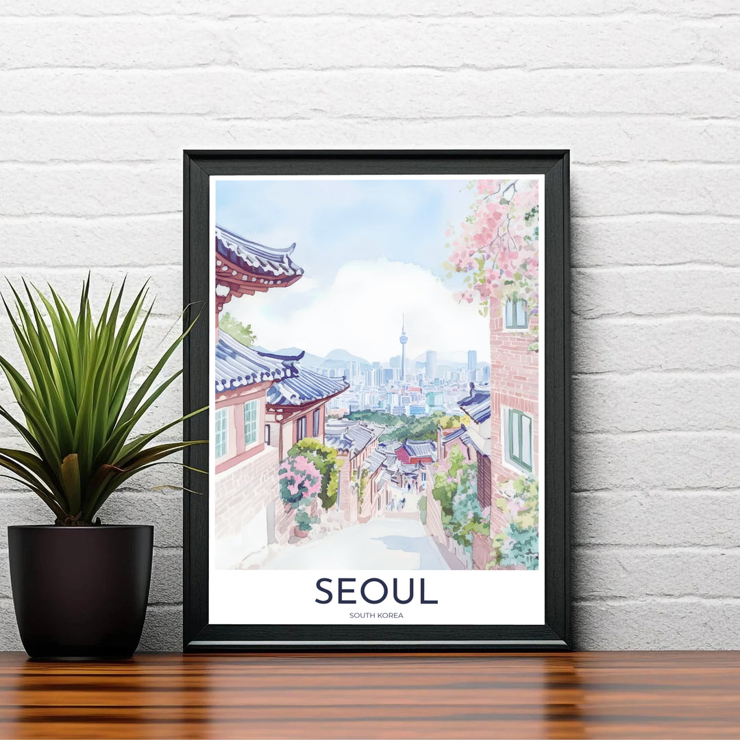 Aesthetic Korean watercolor landscape poster illustrating historic Hanok houses in Seoul, South Korea, framed by blooming spring branches and looking out toward modern city high-rises. Offered by MapYourDreams, this artwork is available in flexible options including unframed paper, custom wooden frames, and gallery canvas wraps.