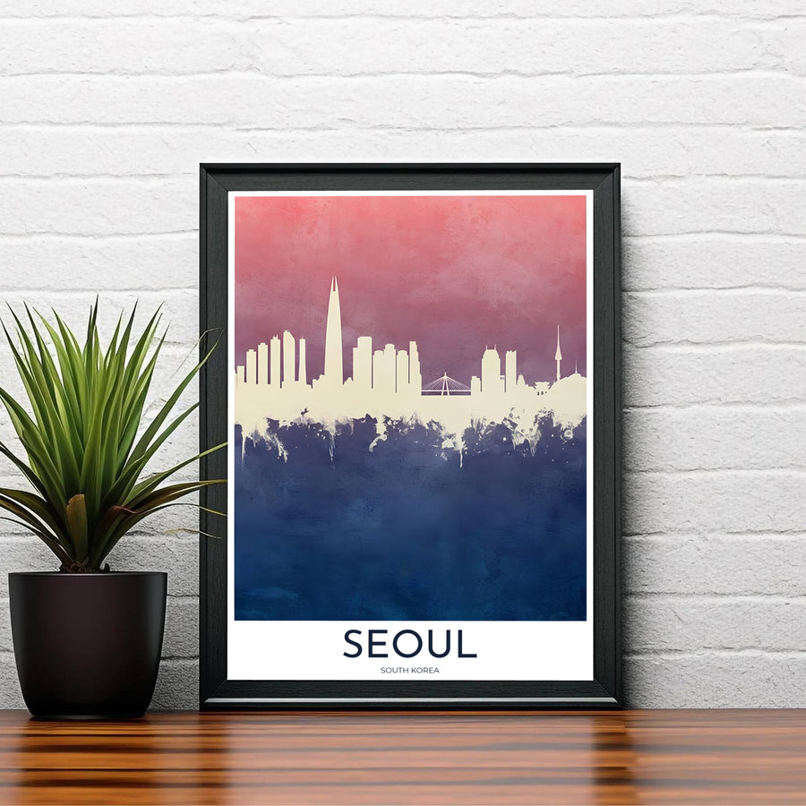 Refined Korean travel poster featuring the city horizon of Seoul, South Korea, framed by a crisp white border and minimal typography reading SEOUL SOUTH KOREA. Offered by MapYourDreams, this artwork is available in flexible options including unframed paper, custom wooden frames, and gallery canvas wraps.