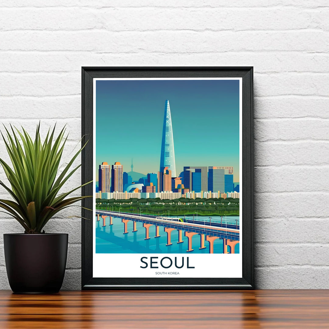 Minimalist vector cityscape art print featuring Namsan N Seoul Tower and Lotte Tower, offered by MapYourDreams in premium unframed matte paper, gold frame borders, and gallery wrapped canvas.