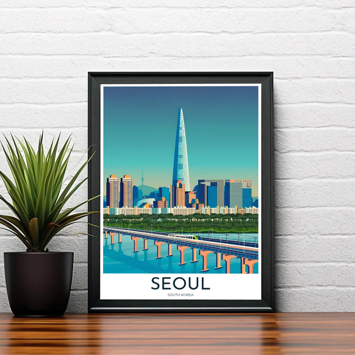 Minimalist vector cityscape art print featuring Namsan N Seoul Tower and Lotte Tower, offered by MapYourDreams in premium unframed matte paper, gold frame borders, and gallery wrapped canvas.