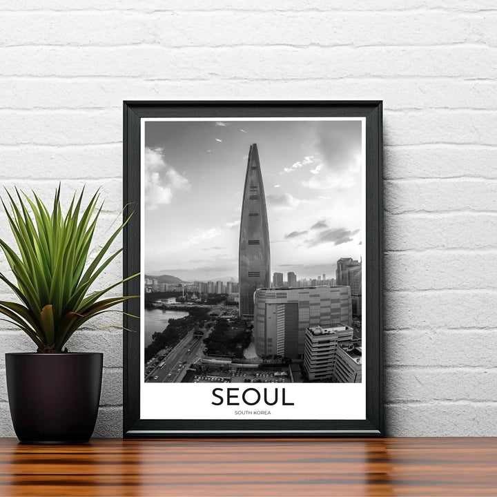 Urban architectural decor print displaying a high-angle monochromatic view of Seoul South Korea&