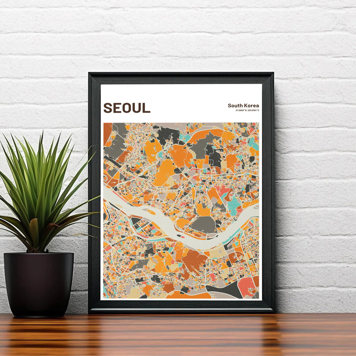 Fine art geographic travel poster celebrating the warm urban cartography and coordinates of Seoul, South Korea, available from MapYourDreams in options like unframed paper prints, custom wooden frames, and canvas that bring timeless cartographic beauty to any interior space.